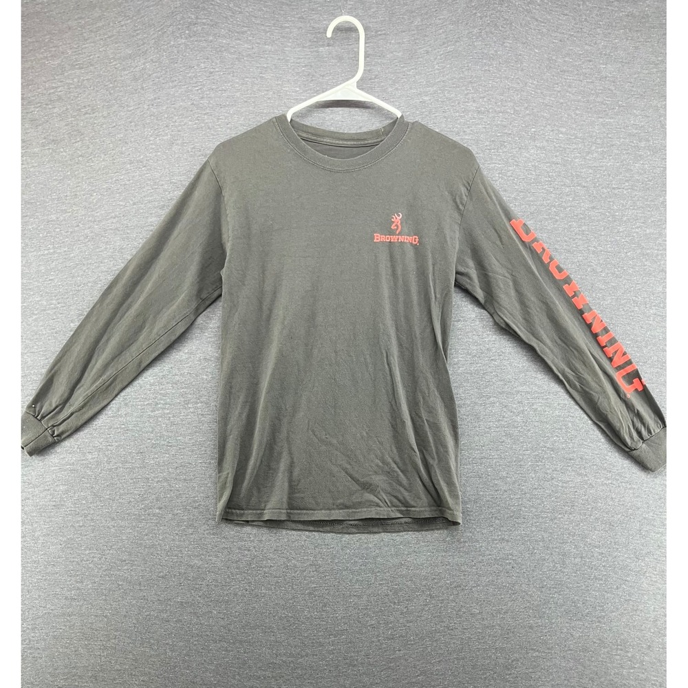 Browning Long Sleeve T-Shirt Mens S‎ P Grey Orange Logo Graphic Outdoor